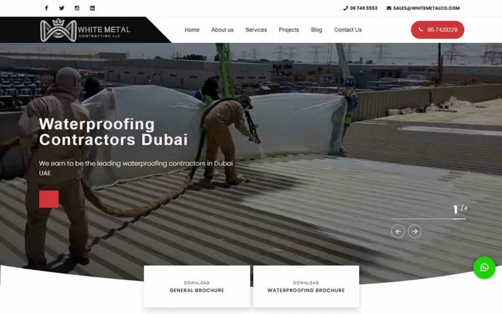 A team of workers in protective gear applies waterproofing material to a large flat rooftop, with prominent text advertising "Waterproofing Contractors Dubai" on the website banner, set against an industrial cityscape background.