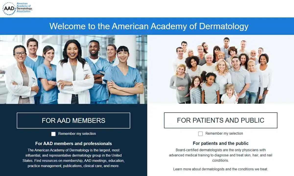 Welcome to the American Academy of Dermatology webpage featuring a diverse group of medical professionals and an information section tailored for AAD members, patients, and the public.