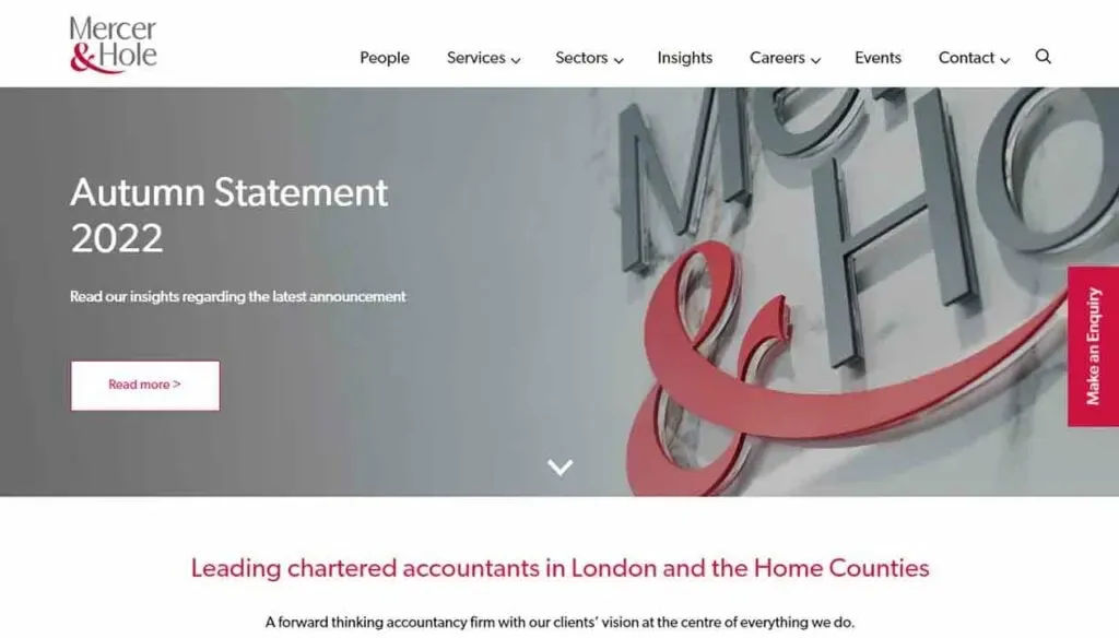 The image shows the homepage of Mercer & Hole's website, featuring a banner with the text "Autumn Statement 2022" and emphasizing their role as leading chartered accountants in London and the Home Counties.
