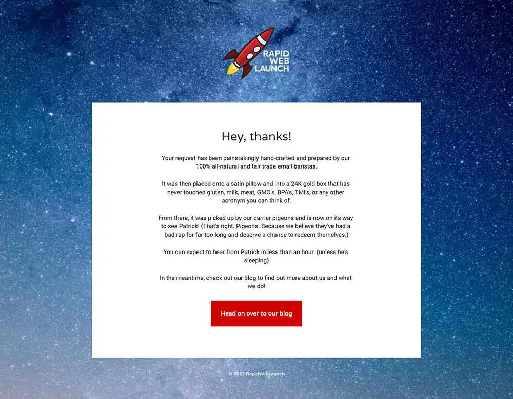 Página de confirmación de cotización de RapidWebLaunch con mensaje de Hey, gracias! y botón de blog