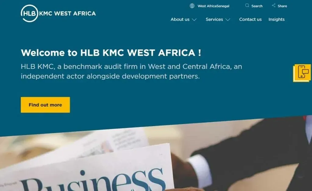 Welcome to HLB KMC West Africa website homepage featuring a teal background with text introducing the company as a benchmark audit firm in West and Central Africa, highlighting its role as an independent actor alongside development partners.