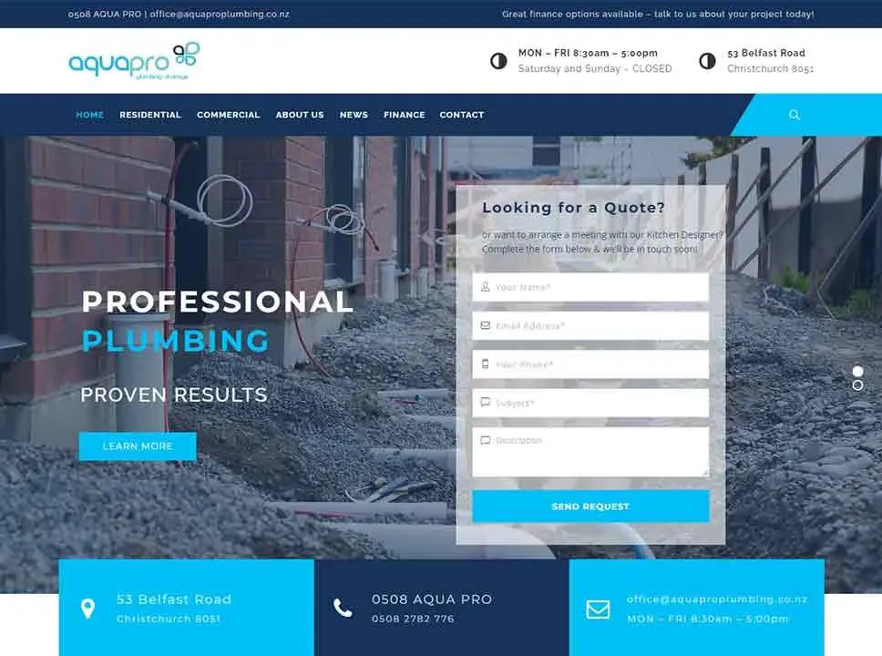 The image shows a website homepage for AquaPro Plumbing, featuring a large banner with the text "Professional Plumbing Proven Results" and a call-to-action button that says "Learn More," alongside contact information and an online quote request form.