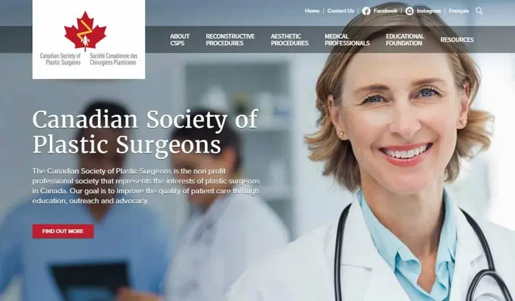 A professional woman in a white coat smiles at the camera against a website backdrop featuring the Canadian Society of Plastic Surgeons, with navigation links and a prominent red "Find Out More" button.