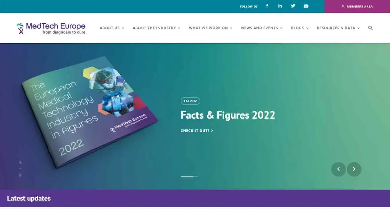 The image shows the MedTech Europe website homepage featuring a gradient background with a booklet titled "The European Medical Technology Industry in Figures 2022," highlighting facts and figures for the year 2022.