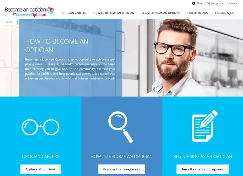 The image showcases a professional website interface for becoming a licensed optician, featuring a bearded man in glasses and sections on "Optician Careers," "How to Become an Optician," and "Registering as an Optician."