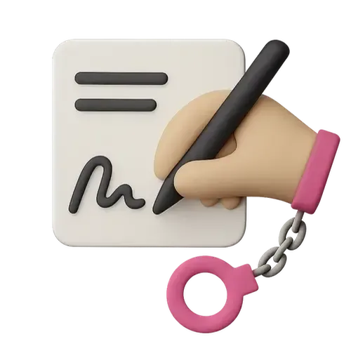 A 3D illustration of a hand with a pink cuff signing a document or contract with a black pen, emphasizing themes of agreement, business, and digital transactions.