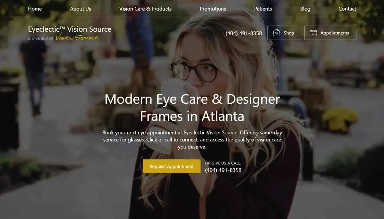 A woman wearing stylish eyeglasses sips from a cup in an outdoor cafe setting, with text overlay promoting modern eye care and designer frames in Atlanta by Eyelectric Vision Source.