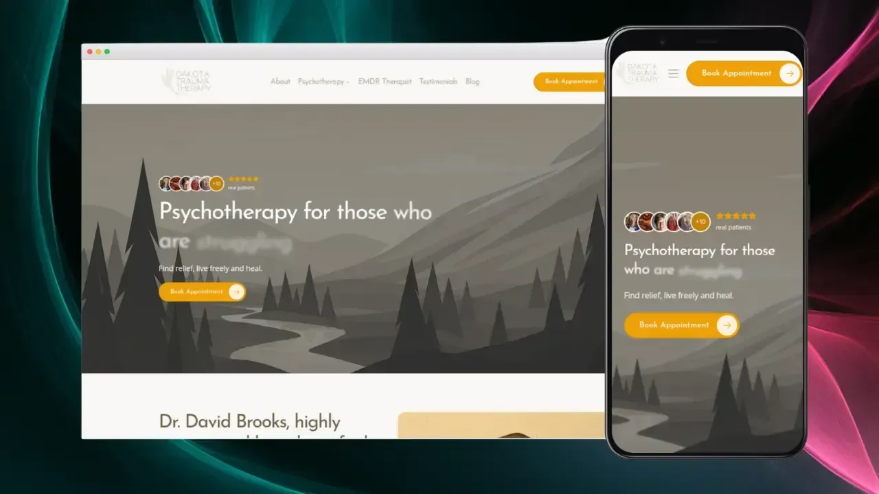 A responsive psychotherapy website design is displayed on both a desktop and smartphone screen, featuring a serene mountain landscape with options to book appointments online.