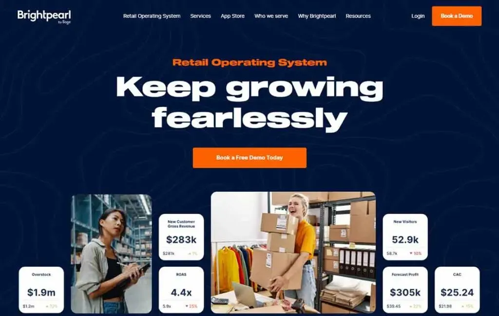 A retail operating system webpage features bold text stating "Keep growing fearlessly" with two call-to-action buttons, accompanied by images of workers in a warehouse and business metrics, set against a dark blue background.