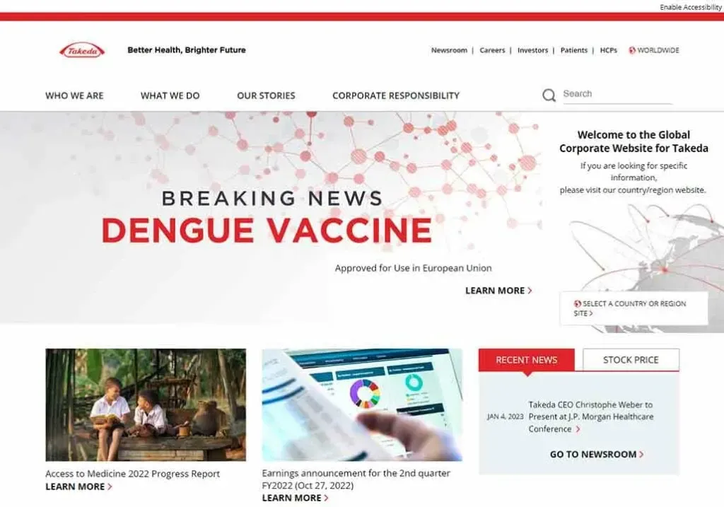 Homepage of Takeda, showcasing a breaking news alert about the EU-approved dengue vaccine, with navigation links for "Investors," "Careers," and "Corporate Responsibility," along with news highlights including a child and adult reading together, and someone pointing at a clock.