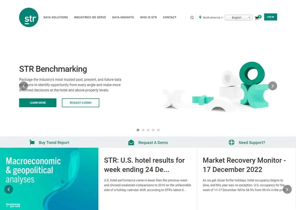 The screenshot showcases the homepage of the STR Benchmarking website, displaying navigation links at the top and promotional content about data solutions and industry insights, with sections featuring reports like "STR: U.S. hotel results for week ending 24 December" and "Market Recovery Monitor - 17 December 2022," emphasizing hospitality industry analytics.