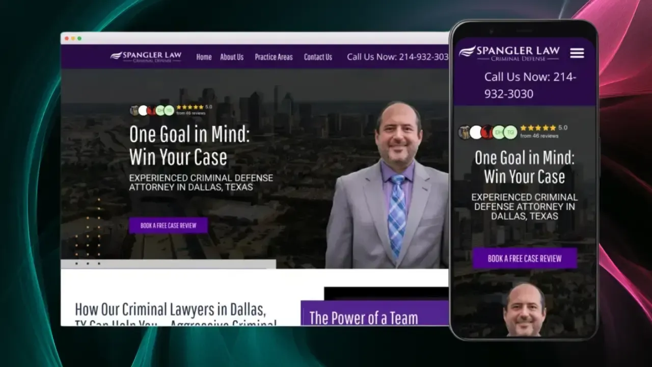 Un sitio web profesional y una visualización móvil para un bufete de abogados muestra a un hombre sonriente en traje contra el horizonte de la ciudad, con el texto "Un solo objetivo en mente: Ganar su caso," enfatizando su experiencia en defensa criminal en Dallas, Texas.