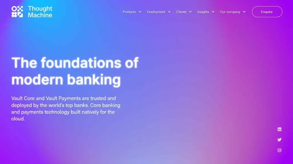 The image shows a modern webpage design with a gradient background in purple and blue, featuring bold white text that reads "The foundations of modern banking" alongside a brief description and a logo in the top left corner, with a navigation menu and contact button at the top.