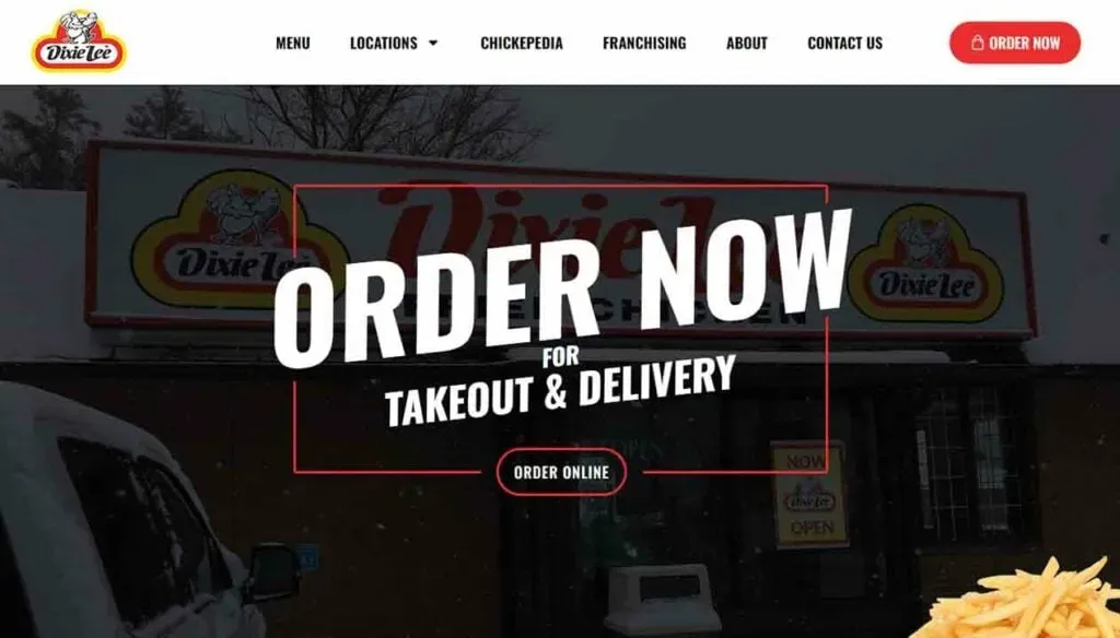 A storefront at night features a brightly lit Dixie Lee sign with a prominent "Order Now for Takeout & Delivery" message, emphasizing online ordering options.