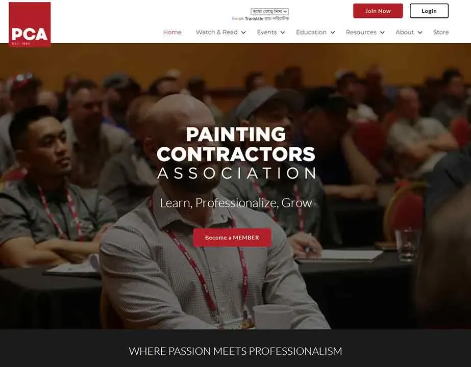 A group of people attentively listen to a presentation at a Painting Contractors Association event, with emphasis on learning and professional growth, featuring a banner and membership call-to-action in the foreground.