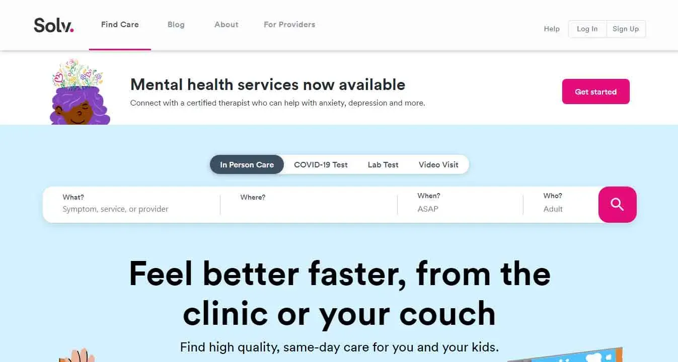 The online platform's homepage features a prominent banner advertising mental health services, with an inviting offer to connect with certified therapists for anxiety and depression support.