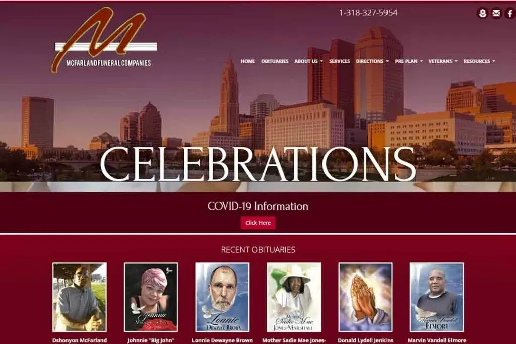 Website homepage of a funeral company with the city skyline in the background, featuring a 'Celebrations' banner, COVID-19 information section, and recent obituaries displayed at the bottom.