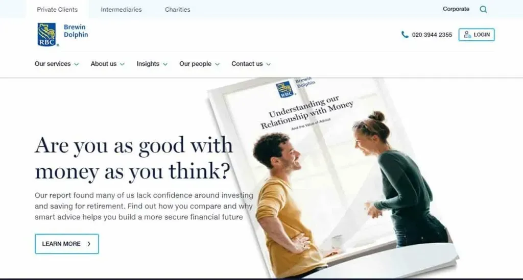 A man and woman engaged in conversation are featured next to a prominently displayed financial report titled "Understanding our Relationship with Money," emphasizing themes of investment confidence and financial planning.