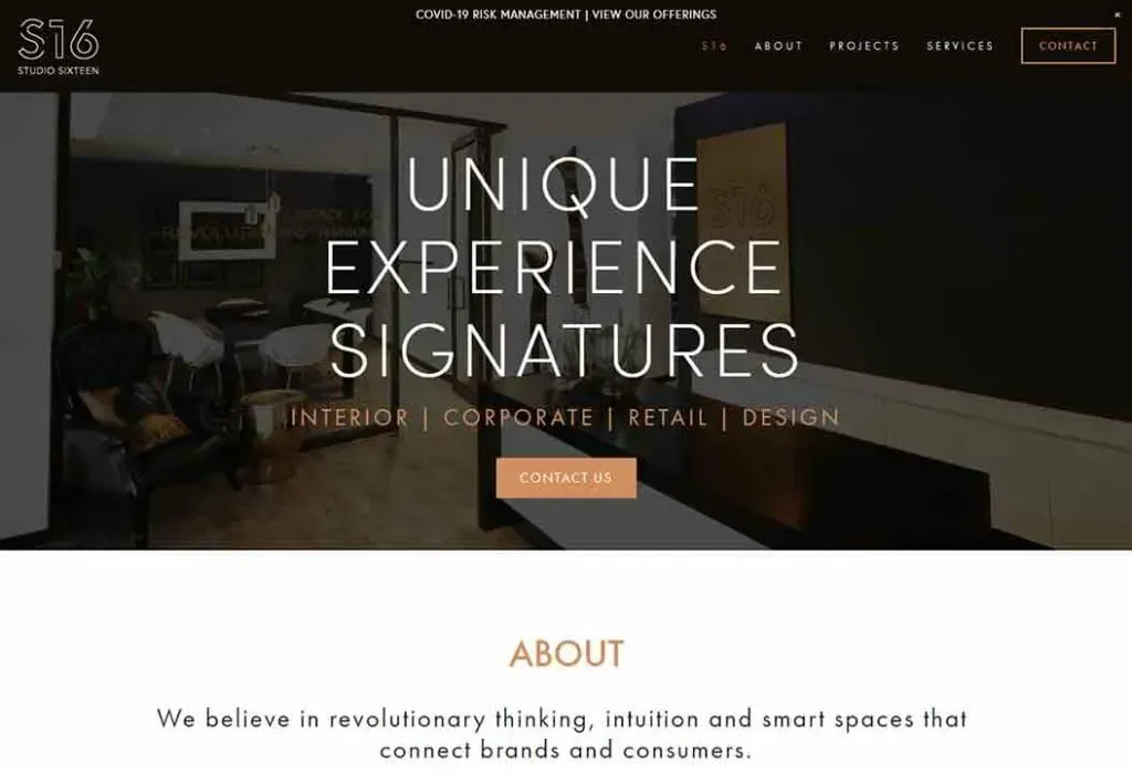 The image showcases a modern interior design firm's website homepage, featuring a sleek, dark theme with large, elegant text highlighting "Unique Experience Signatures," and offering services in interior, corporate, retail, and design, with a "Contact Us" button and a stylish room with a glass door displayed in the background.