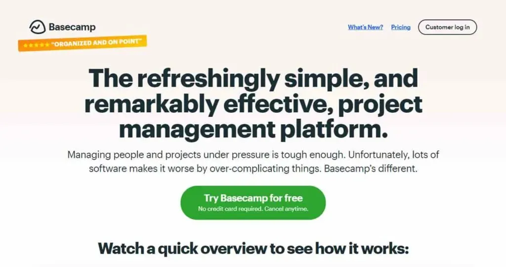 A website homepage showcasing a project management platform with bold text highlighting its simplicity and effectiveness, featuring a call-to-action button offering a free trial without a credit card requirement.