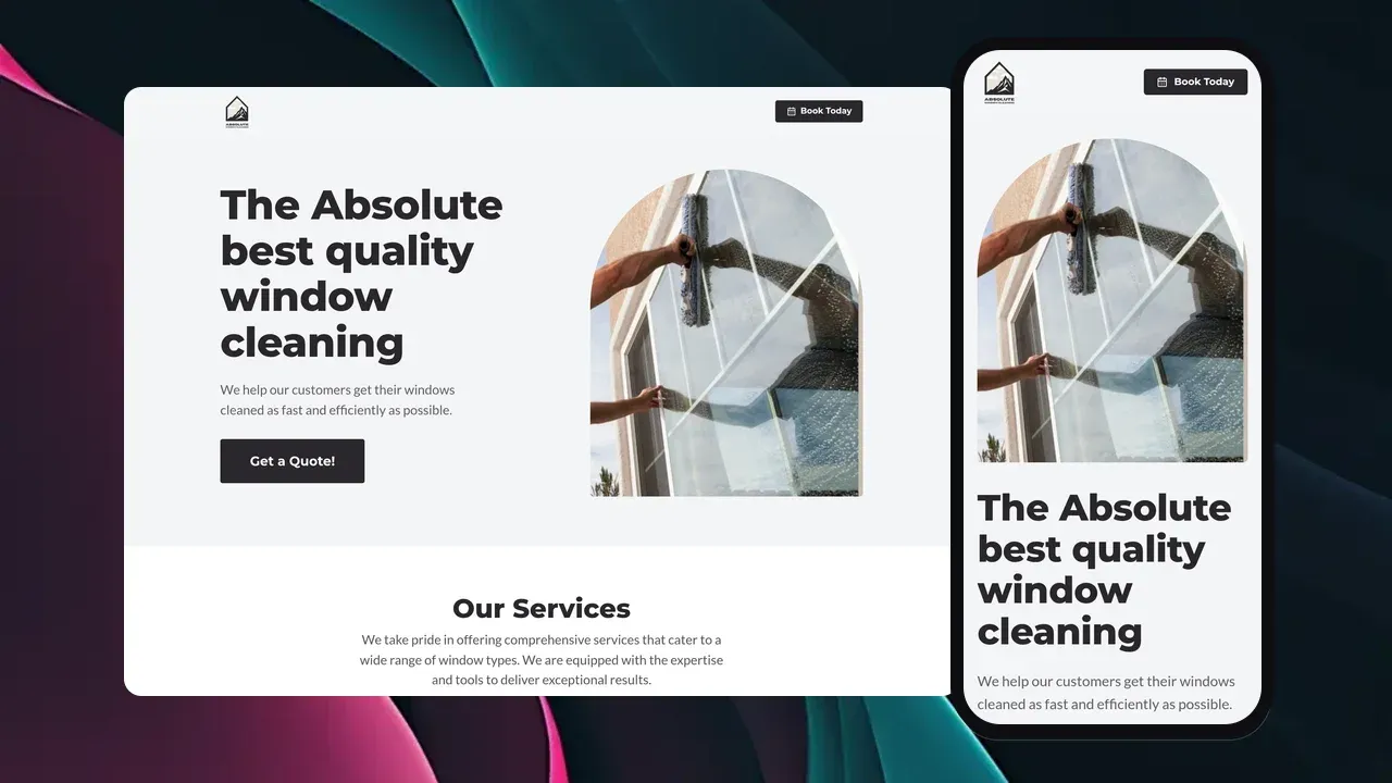El sitio web de Absolute Window Cleaning mostrado en una laptop y un teléfono: un héroe que dice 'La mejor calidad absoluta en limpieza de ventanas' junto a un limpiador de ventanas limpiando una ventana arqueada.
