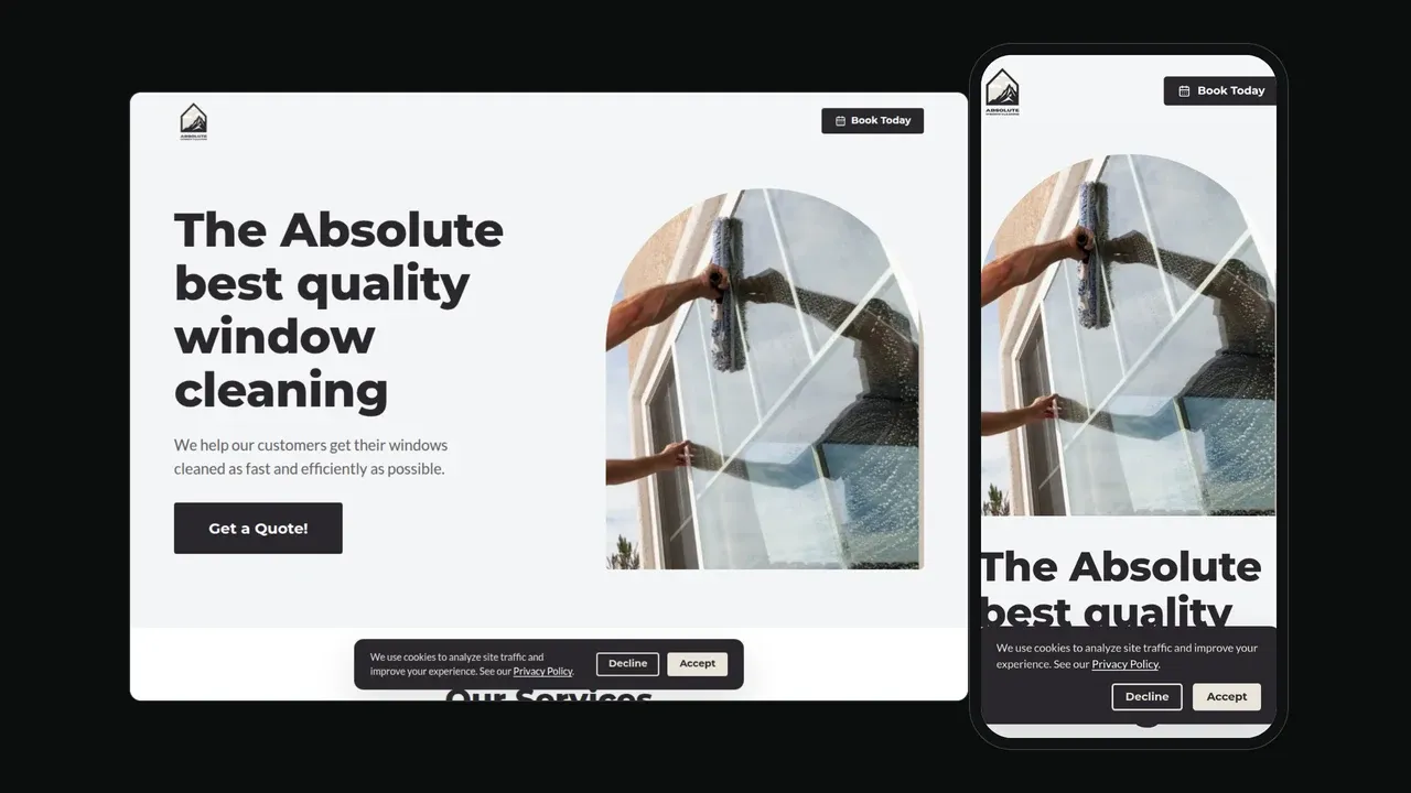 The Absolute Window Cleaning website shown on a laptop and phone: a hero reading 'The Absolute best quality window cleaning' beside a squeegee wiping an arched window.