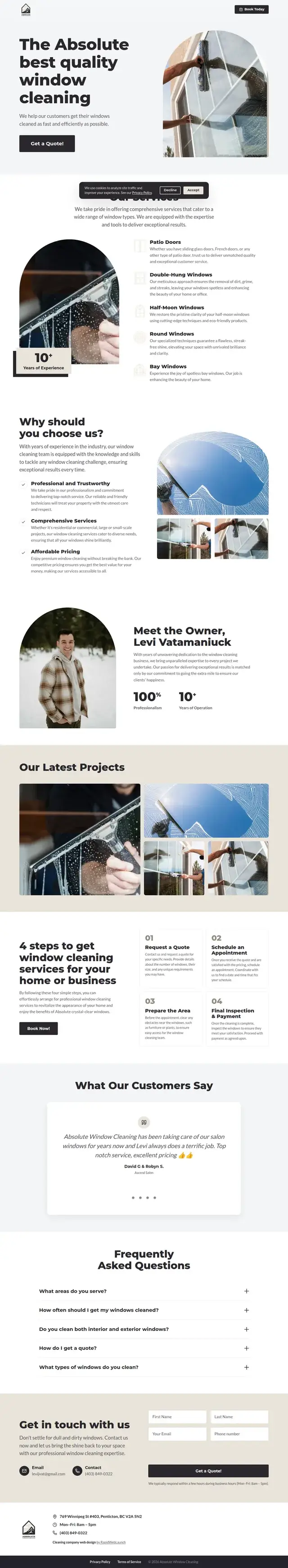 Full Absolute Window Cleaning homepage: hero, window cleaning services, why choose us, meet the owner, latest projects, a four-step booking process and FAQs.