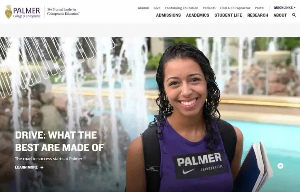 A smiling individual in a purple "Palmer Chiropractic" shirt stands in front of a flowing fountain on a sunny day.