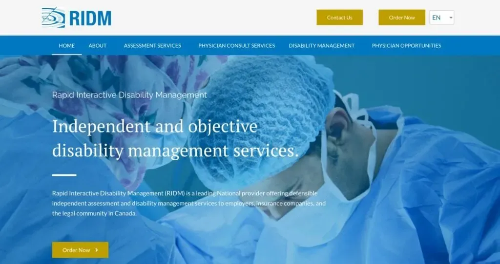 A surgeon wearing a blue surgical cap and mask operates in an operating room, with the text "Independent and objective disability management services" overlaying the image; highlighting healthcare and disability management services in Canada.