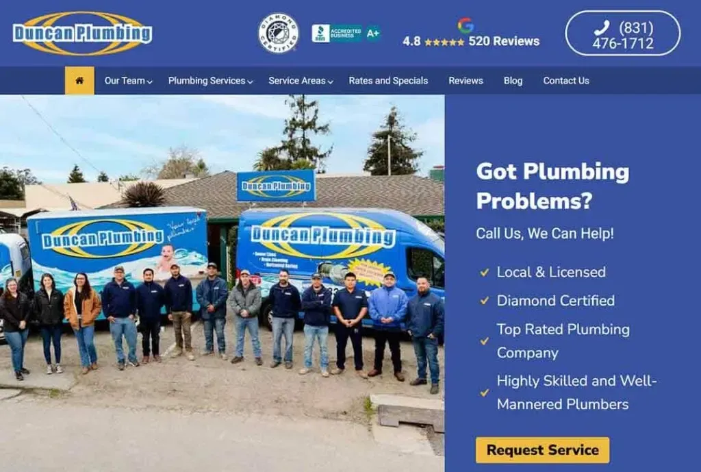 In the image, a team of uniformed plumbers stands in front of branded Duncan Plumbing vans with a banner showcasing their services, contact information, and high customer review ratings, emphasizing their expertise as a top-rated plumbing company.
