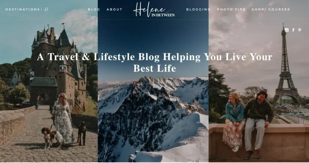 Three images showcase a travel and lifestyle theme: a person walking dogs near a historic castle, an impressive snowy mountain range, and a couple seated by the Eiffel Tower, all promoting a blog focused on adventure and living your best life. Keywords: travel, lifestyle blog, adventure.