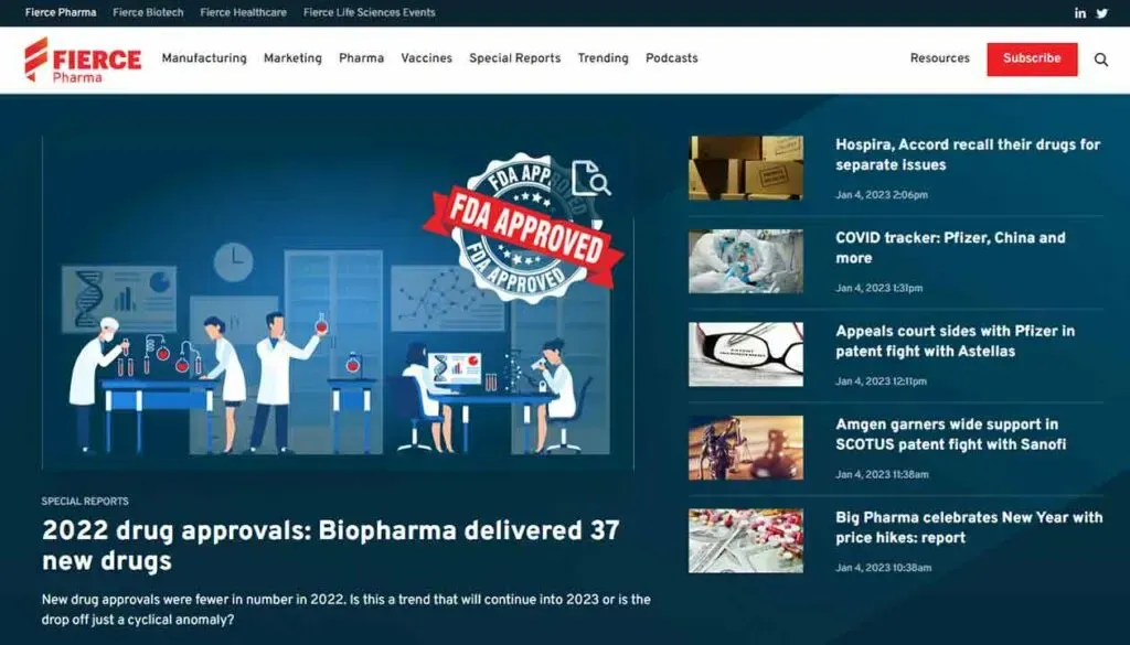 Laboratory researchers in white coats, masks, and gloves are examining test tubes and data charts, with a prominent "FDA Approved" badge centrally displayed.