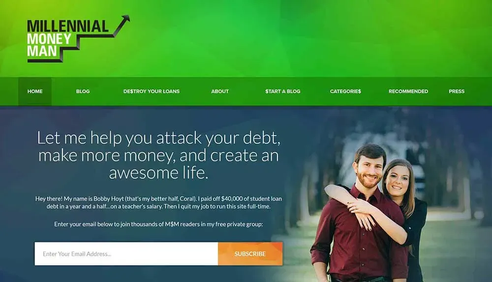 A man and woman stand smiling in front of a backdrop with the text promoting personal finance management and debt reduction, featuring a green and blue website header that reads "Millennial Money Man" with navigation options for home, blog, and financial planning resources.