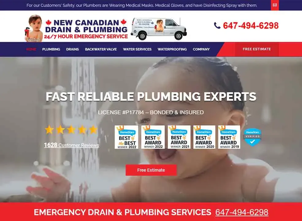 The webpage features a header for a plumbing service with a prominent banner stating "Fast Reliable Plumbing Experts," showcasing multiple awards, a customer review count, and a contact number for emergency services.