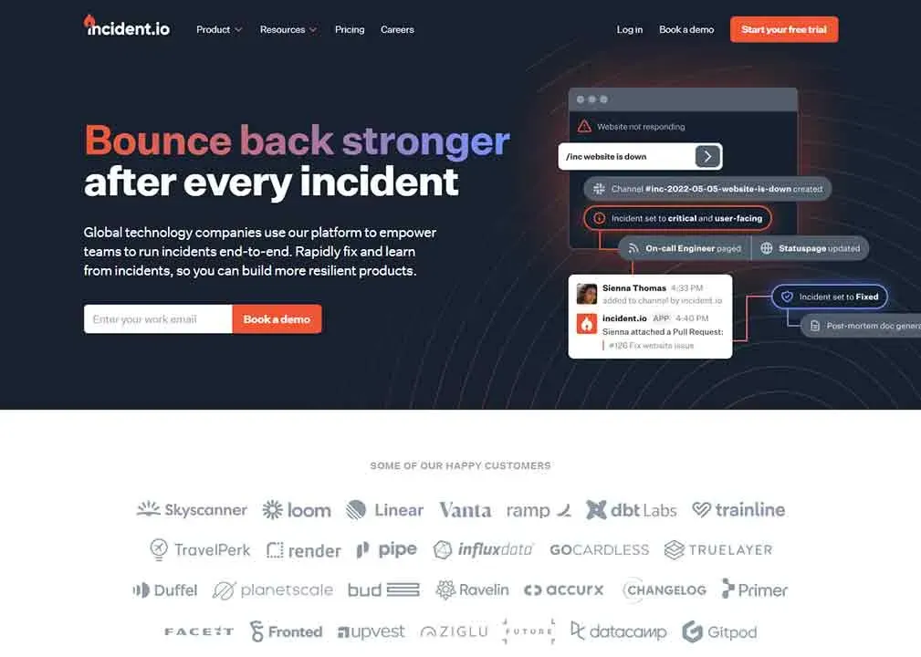 A website homepage with a header titled "Bounce back stronger after every incident," promoting a platform for managing incidents, featuring call-to-action buttons for booking a demo and explaining its benefits of empowering teams to run incidents effectively.