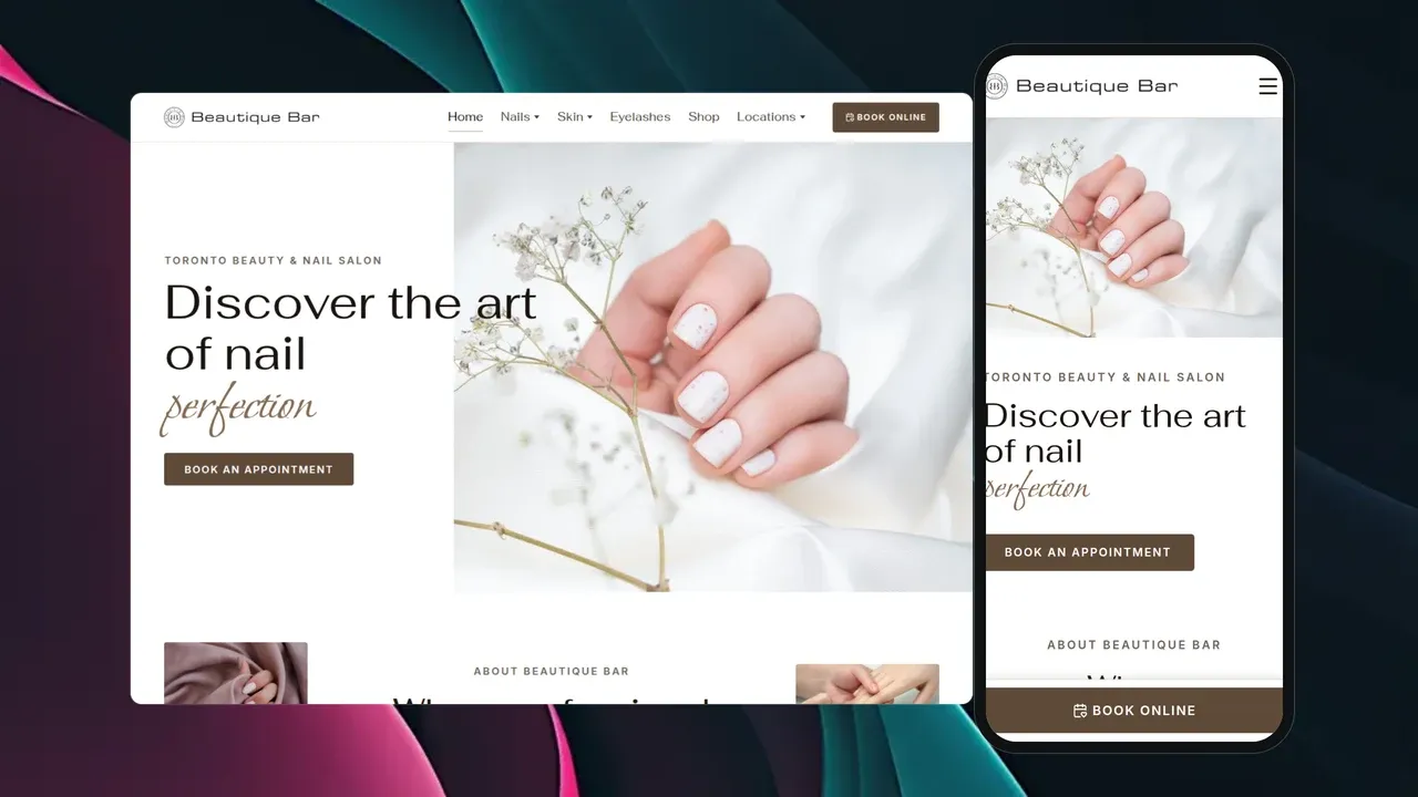 El sitio web de Beautique Bar mostrado en una laptop y teléfono: un encabezado que dice 'Descubra el arte de la perfección en uñas' con una foto de manos manicuras y un botón de Reservar una Cita.