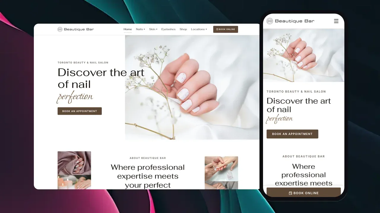 The Beautique Bar website shown on a laptop and phone: a hero reading 'Discover the art of nail perfection' with a photo of manicured hands and a Book an Appointment button.