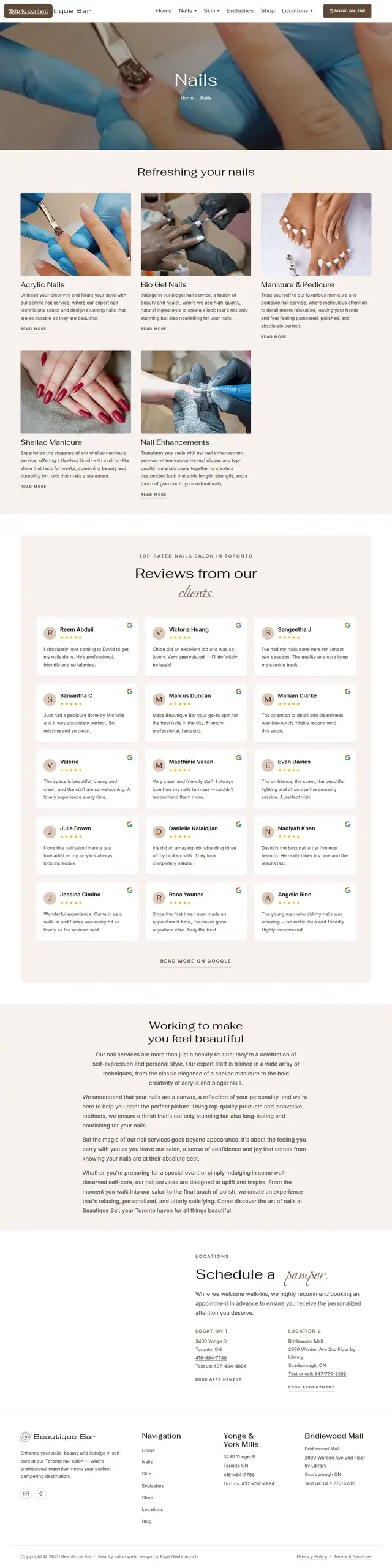 Página de uñas de Beautique Bar presentando servicios de uñas acrílicas, bio gel, manicura y pedicura, shellac y mejoras de uñas sobre un muro de reseñas de clientes de cinco estrellas.