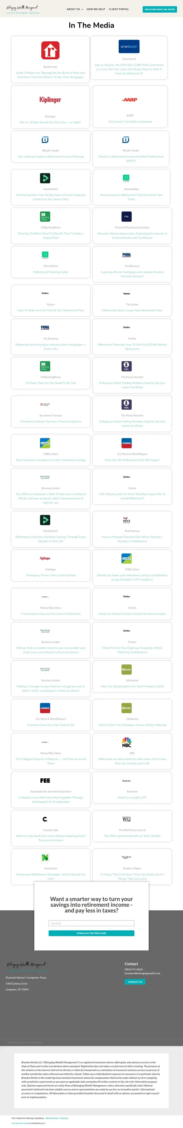 Página En Los Medios de Belonging Wealth Management con una cuadrícula de menciones de prensa de medios como Kiplinger, AARP, Forbes, Business Insider y The Wall Street Journal.