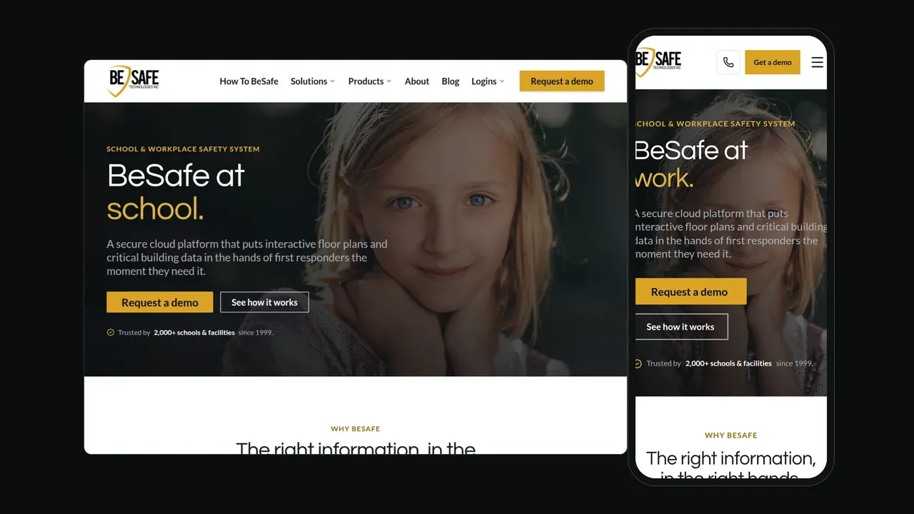 El sitio web de BeSafe mostrado en una laptop y teléfono: un héroe que dice BeSafe en la escuela sobre una foto de un joven estudiante, describiendo una plataforma en la nube segura que pone planos de planta y datos de edificios en manos de los socorristas.