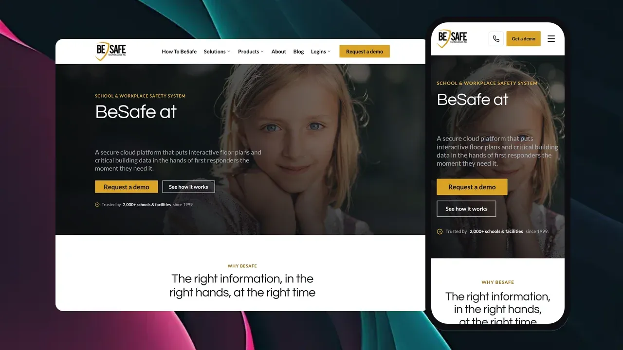 The BeSafe website shown on a laptop and phone: a hero reading BeSafe at school over a photo of a young student, describing a secure cloud platform that puts floor plans and building data in first responders' hands.