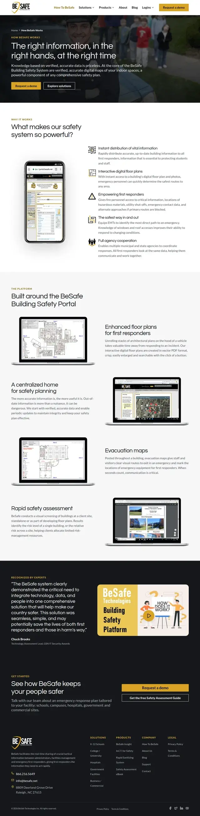 Página de BeSafe Cómo Funciona explicando el Portal de Seguridad de Edificios con capturas de pantalla de laptops de planos de planta mejorados, mapas de evacuación y evaluaciones rápidas de seguridad.