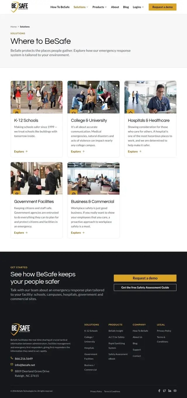 Página de soluciones de BeSafe titulada 'Dónde estar seguro' con tarjetas fotográficas para Escuelas K-12, Colegio y Universidad, Hospitales y Atención Médica, Instalaciones Gubernamentales, y Negocios y Comerciales.