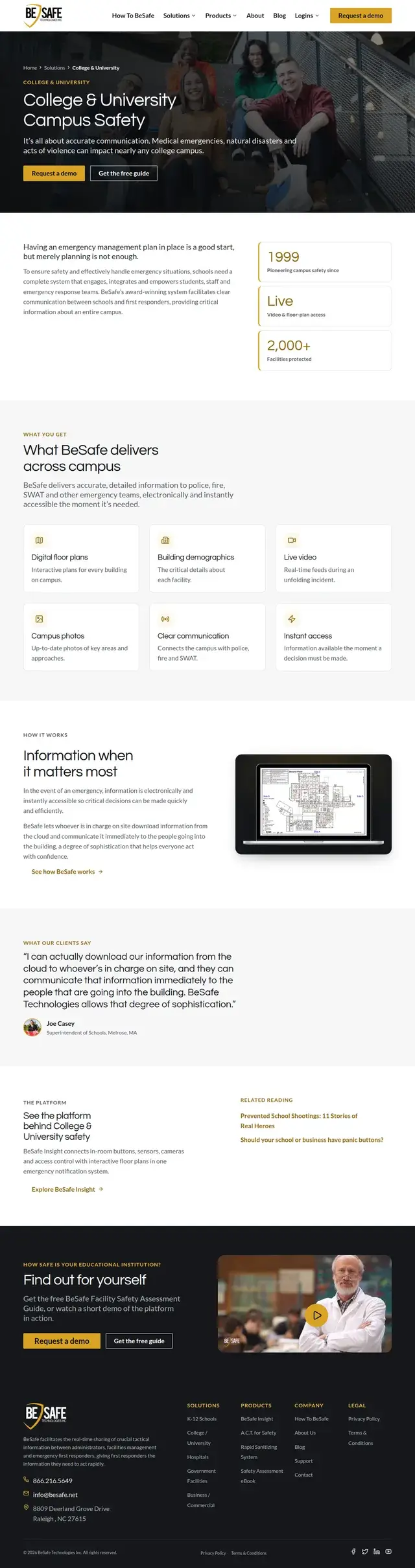 Página de Seguridad del Campus de Colegio y Universidad de BeSafe describiendo planos de planta digitales, video en vivo, fotos del campus y acceso instantáneo, con un testimonio de un superintendente.