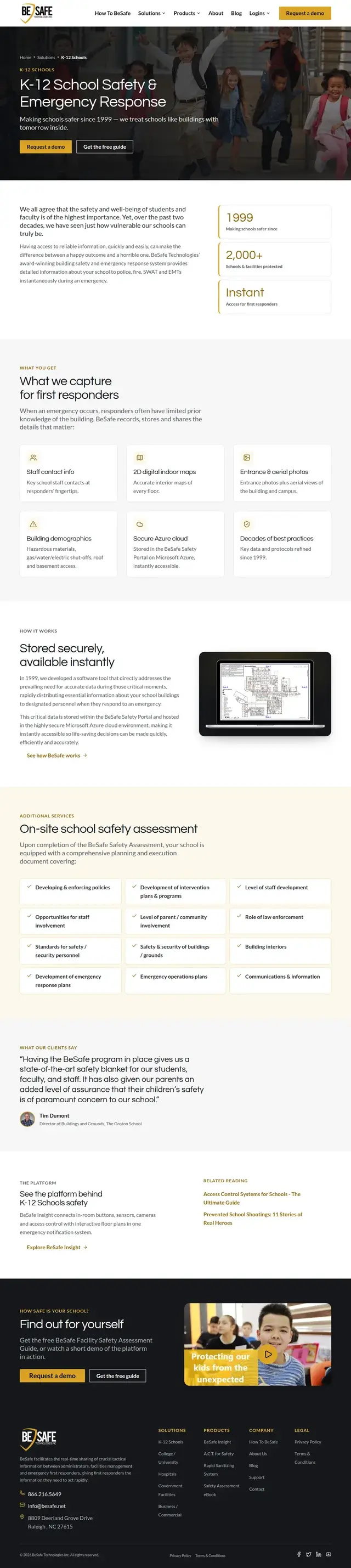 Página de Seguridad Escolar y Respuesta a Emergencias K-12 de BeSafe enumerando lo que se captura para los socorristas, desde contactos del personal y mapas interiores 2D hasta fotos de entradas y almacenamiento seguro en la nube de Azure.