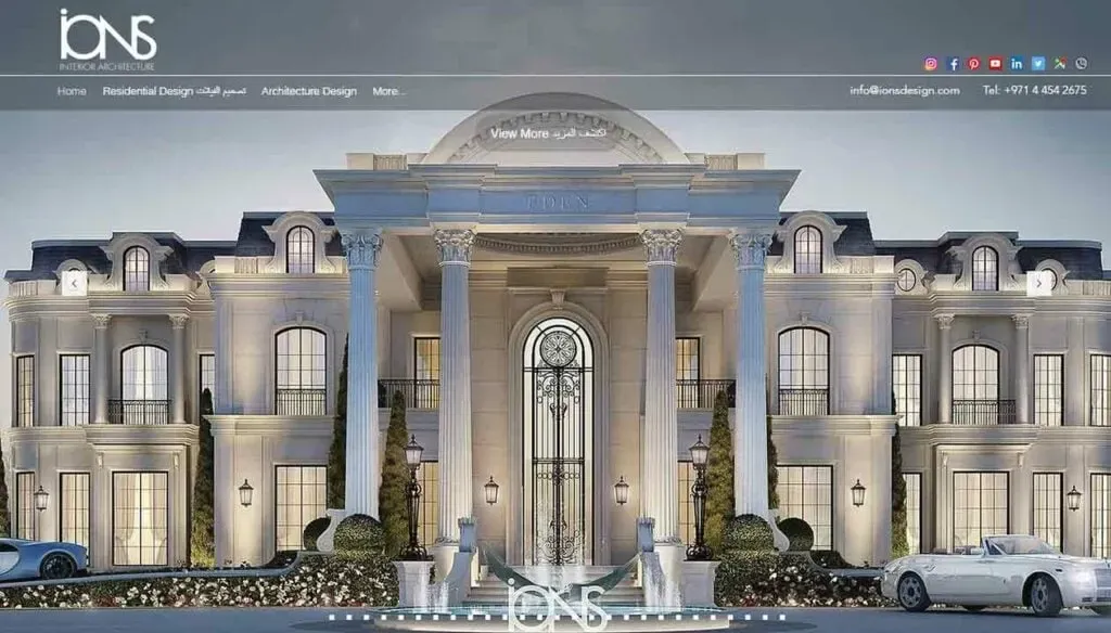 Luxurious neoclassical mansion exterior with grand columns, large windows, manicured hedges, and luxury cars parked in front, capturing elegant architectural design.