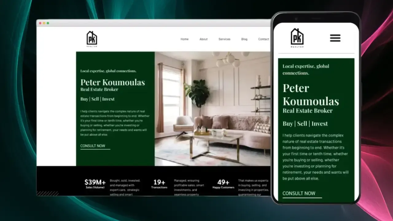 Un sitio web moderno de corretaje inmobiliario mostrado en una computadora portátil y un teléfono inteligente, con una sala de estar elegante con decoración neutra, que incluye un sofá beige, mesa de centro redonda y una gran planta de interior en el fondo, enfatizando la experiencia del corretaje en compra, venta e inversión.