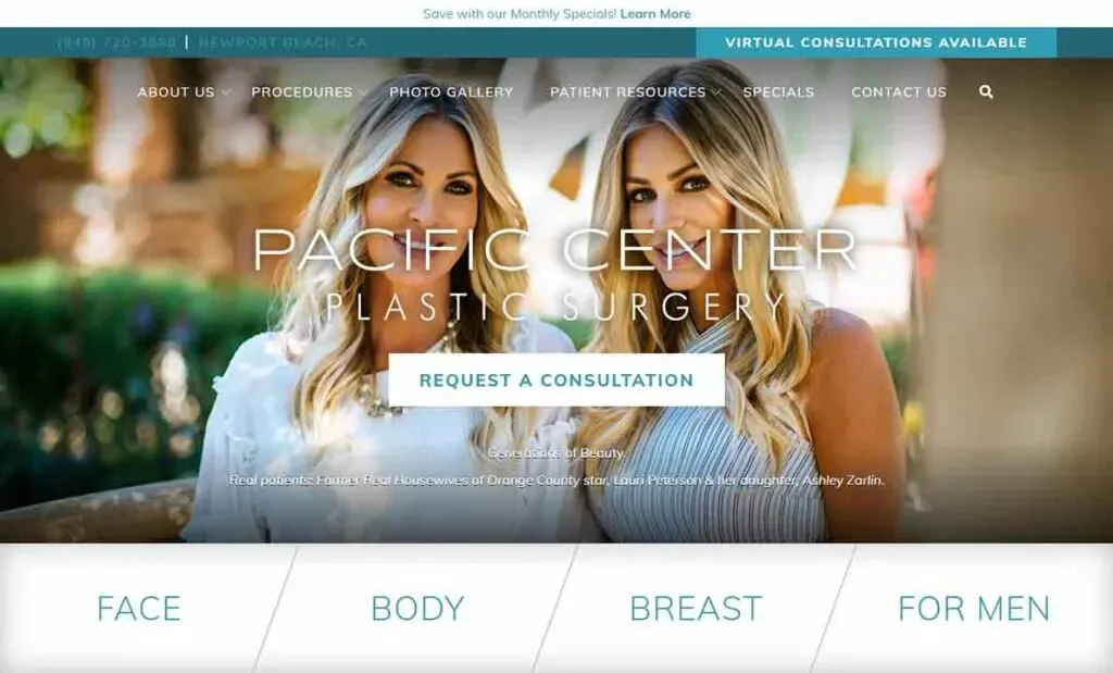 Two women are smiling outdoors in front of a blurred background, promoting Pacific Center for Plastic Surgery with a "Request a Consultation" button prominently displayed below them.