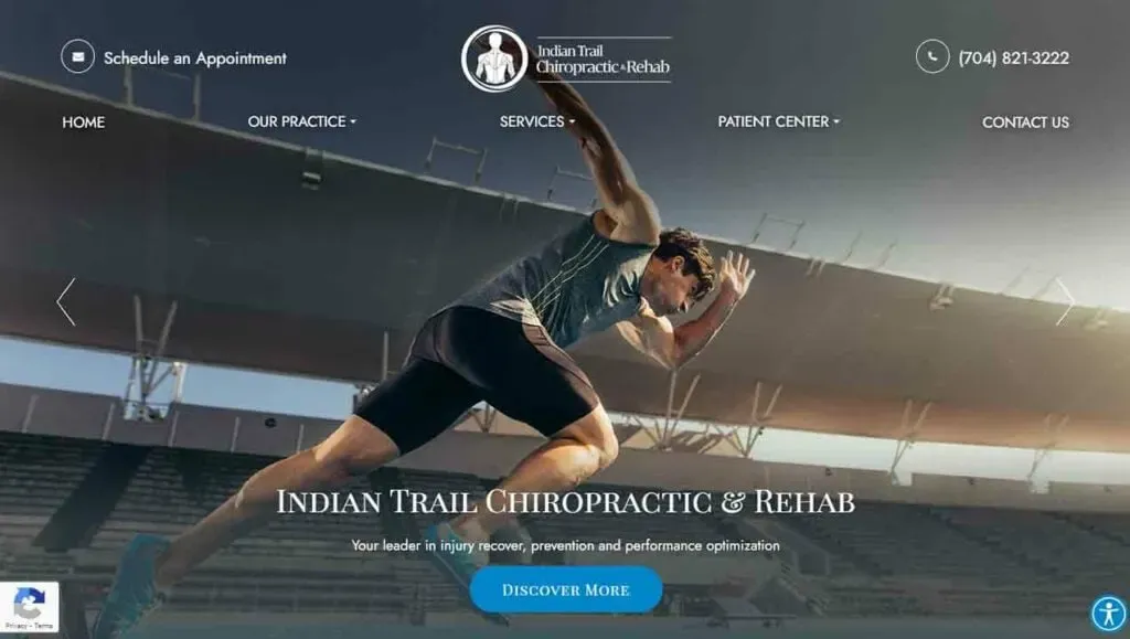 A male athlete in motion showcases agility and strength at a stadium, highlighting Indian Trail Chiropractic & Rehab's focus on injury recovery, prevention, and performance optimization, with a “Discover More” button below.