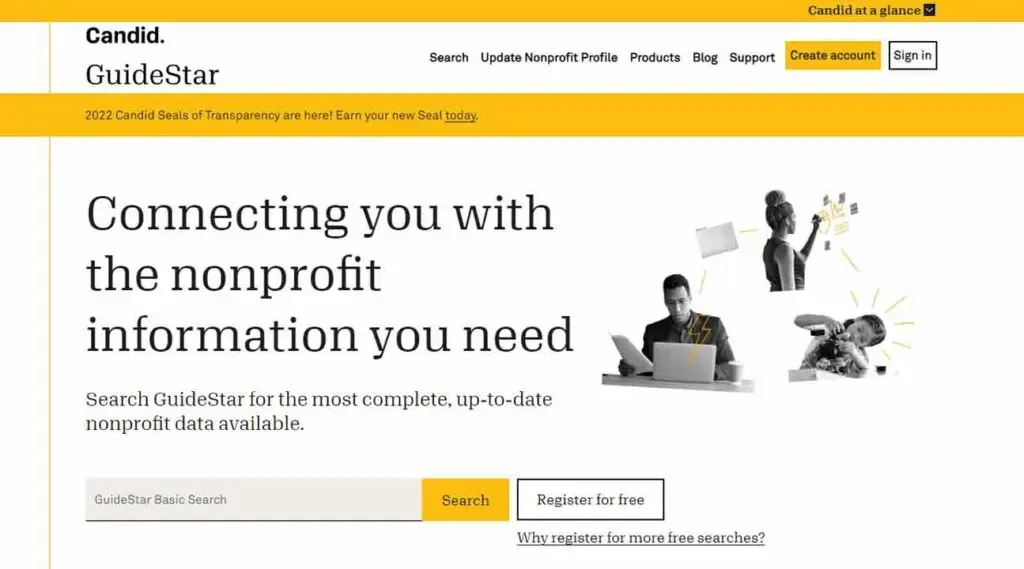 The image shows the homepage of GuideStar by Candid, highlighting their service of providing comprehensive, up-to-date nonprofit information with features like a search bar and options to register for free access.